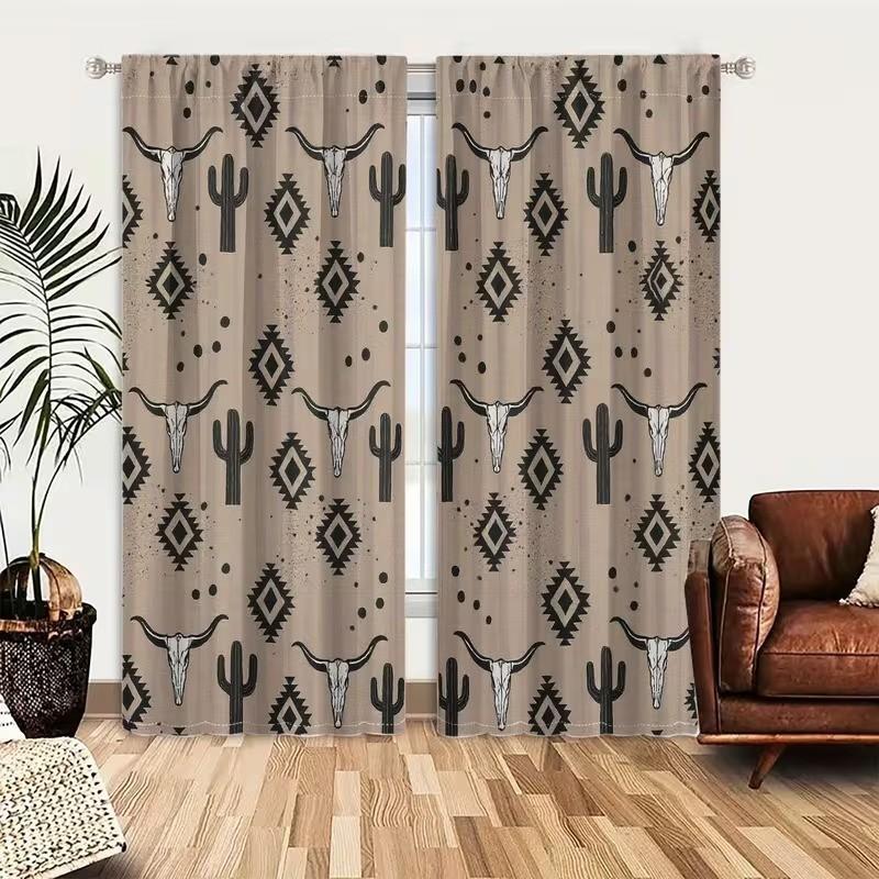 2 pieces of high-definition digital southwestern style ox skull, cactus, and geometric pattern printed curtains. Made of polyester, semi-transparent material, machine washable, suitable for bedrooms, living rooms, and home decoration curtains.
