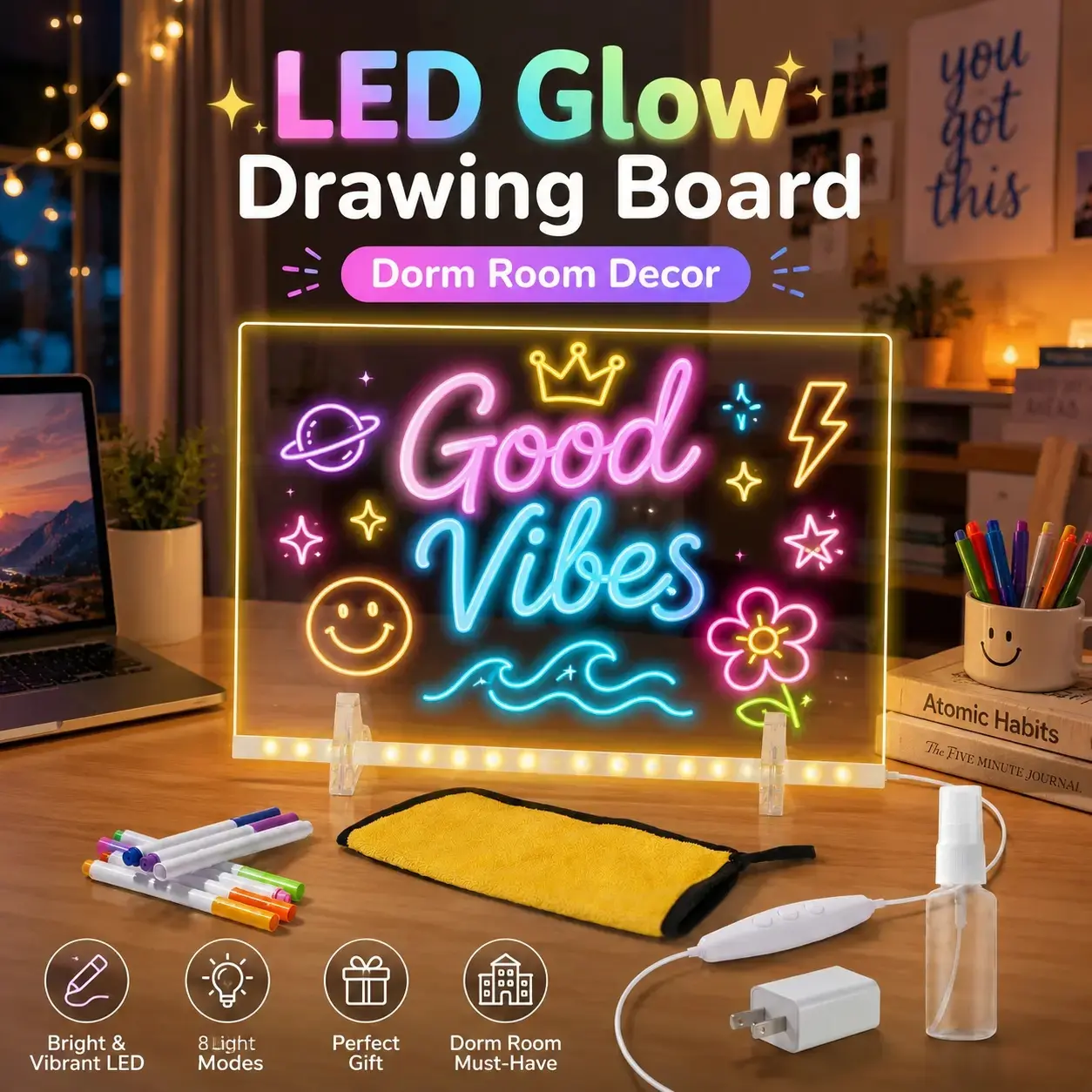 GMOX  14x10in Rectangle LED Drawing Board - Acrylic Message Glow Board with Color Markers, Reusable for Birthday Decoration, Art Deco Dorm Room & Desk Decor, Notes & DIY Art,sohochic