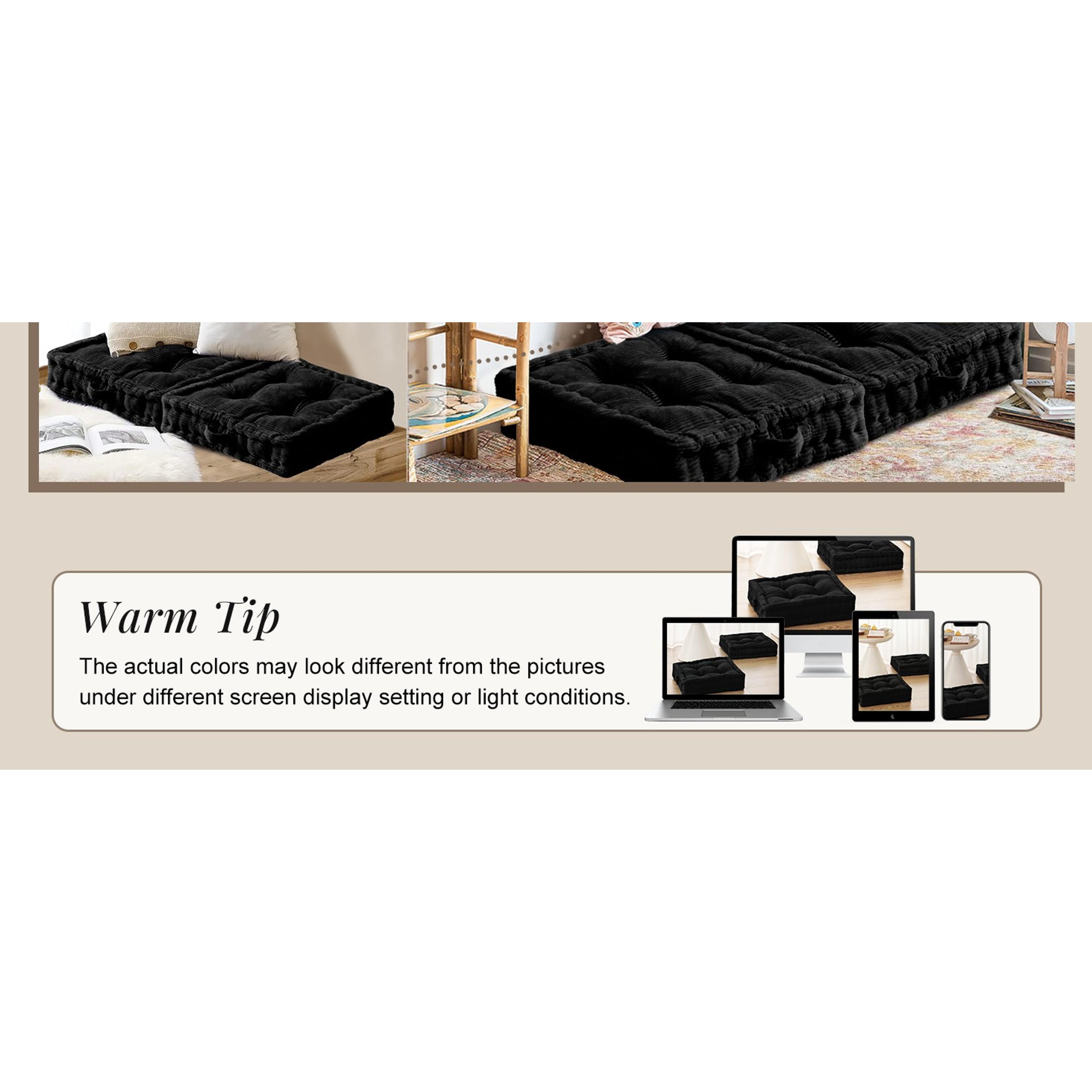 Square Floor Pillows for Adults Kids - Meditation Floor Pillow Seating Cushion - Tufted Floor Cushion with Shredded Foam & Velvet Cover, 2 Pack, 20x20 Inch, Black