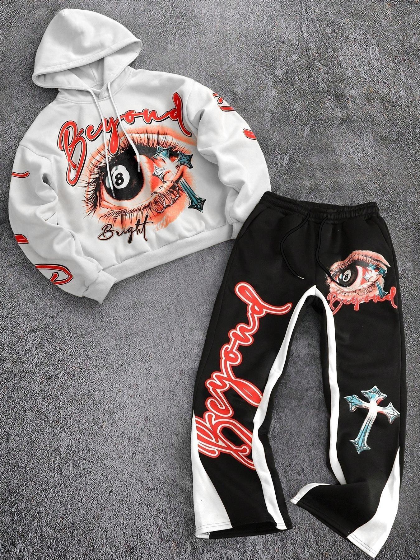 Men's Beyond Letter & Eye Cross Print Hoodie Set, Warm Fleece Lined, Elastic Waist Pants, Streetwear Y2K Style, Couples Fashion, Casual Matching