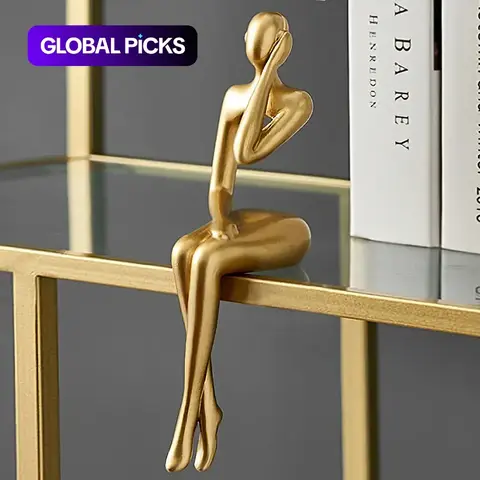 Golden Sitting Figure Sculpture, 1pc Modern Home Decor Figurine for Bookshelf, Thinker Statue, Decorative Figurines, Desktop Decorative Ornament #GLOBAL PICKS
