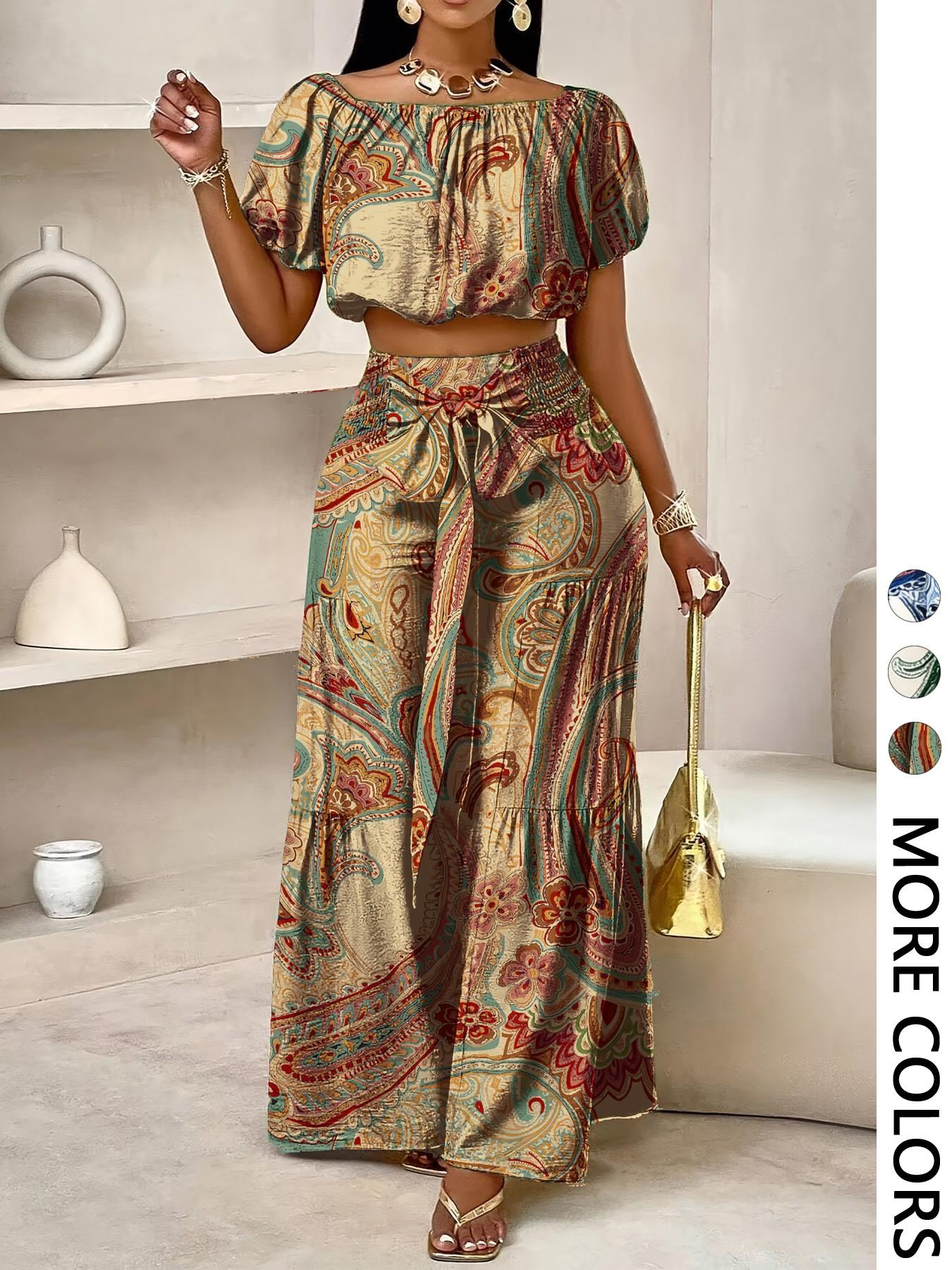 Women's Summer Paisley Print Vintage Vacation Two-Piece Set, Off-Shoulder Bubble Sleeve Crop Top + High Waist Drawstring Wide Leg Pants Women's Summer Paisley Print Vintage Vacation Two-Piece Set, Off-Shoulder Bubble Sleeve Crop Top + High Waist Drawstring Wide Leg Pants