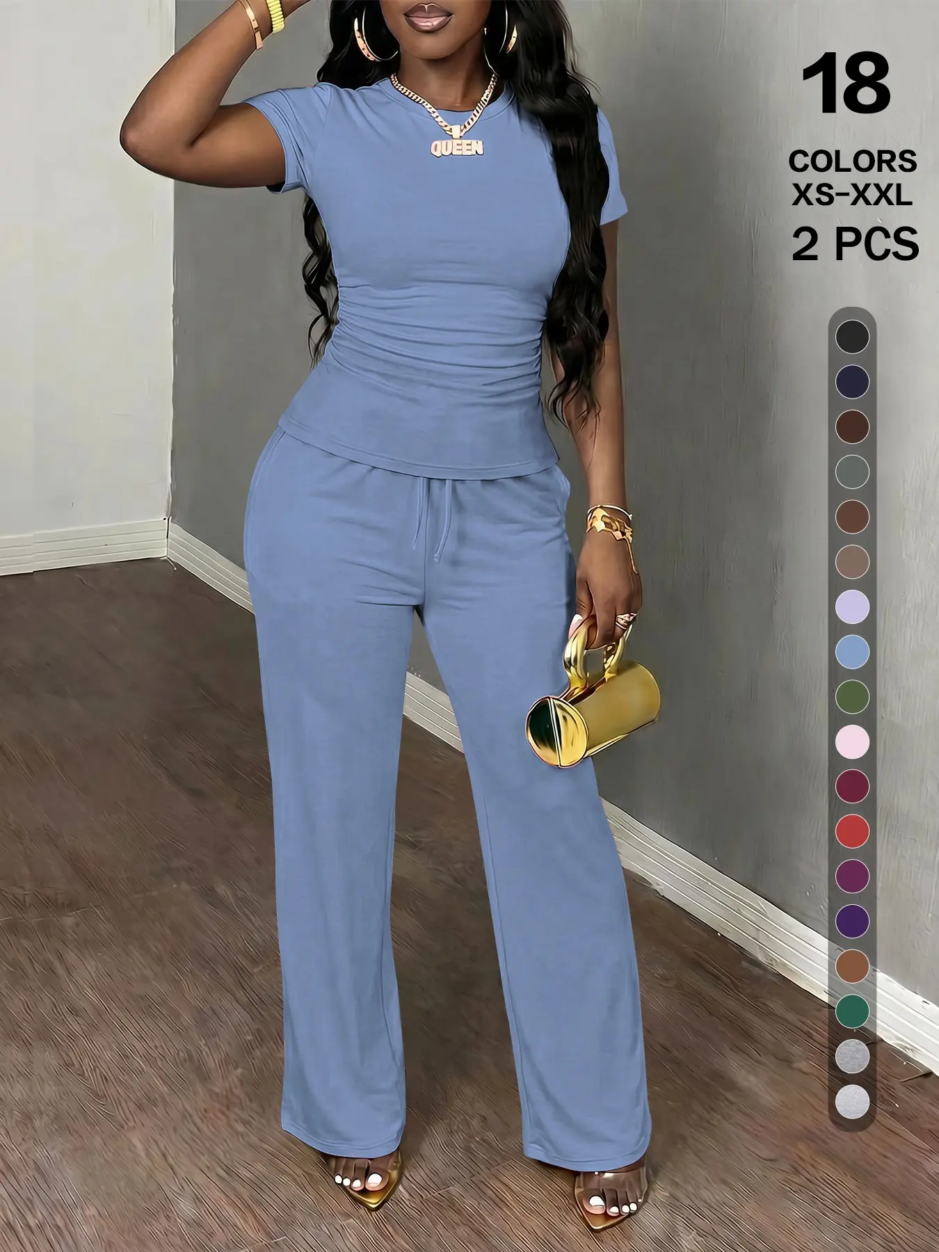 Women's Spring Summer Casual Basic Two-Piece Set, Round Neck Short Sleeve Top & Wide Leg Pants for Everyday Wear, Slim Fit Home Wear, Comfortable Outfit, Womenswear, Pants Loungewear Set