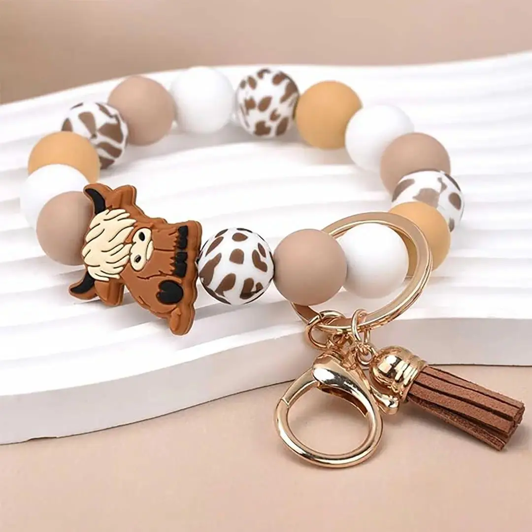Keychain Wristlet Bracelet & Bead Charm – Spot-Pattern Bead Ensemble & Bow Cow Motif Silhouette, TikTok Aesthetic & Daily Accessory Trend, Lightweight & Secure-Fit Wristlet Accessory for Car Keys, Wrist Carrying, Bag Accessory & Daily Styling