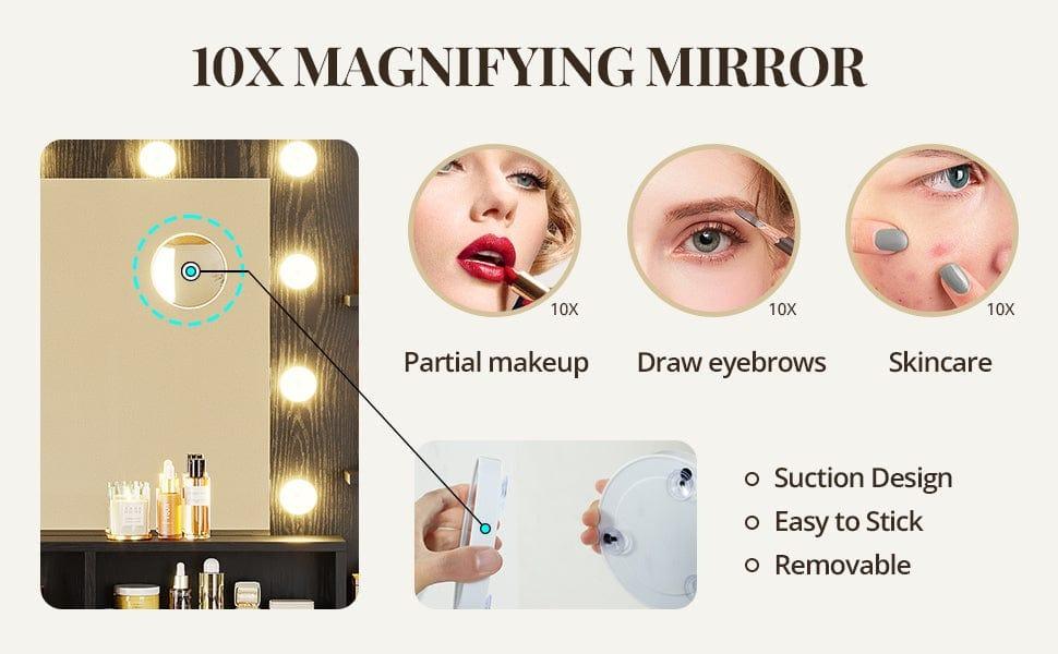 Sikaic Glass Top Makeup Vanity with Mirror and LED Lights, 10x Magnifying Mirror & Power Outlet, big Vanity Desk with 8 Drawers & 6 Shelves, 3 Light Settings