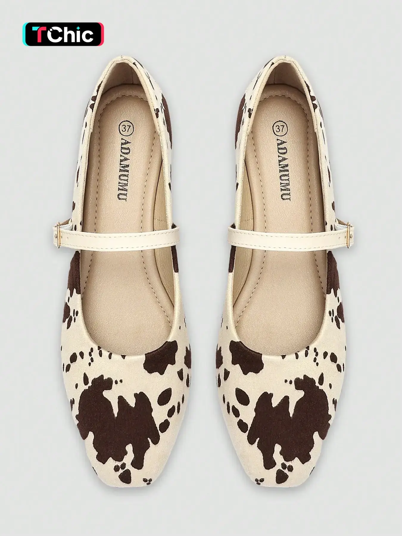 Adamumu Cow Print Mary Jane Flat Shoes, Casual Flats, Vintage Cute Style, One Strap Metal Buckle, Rubber, Comfortable Casual Women's Footwear