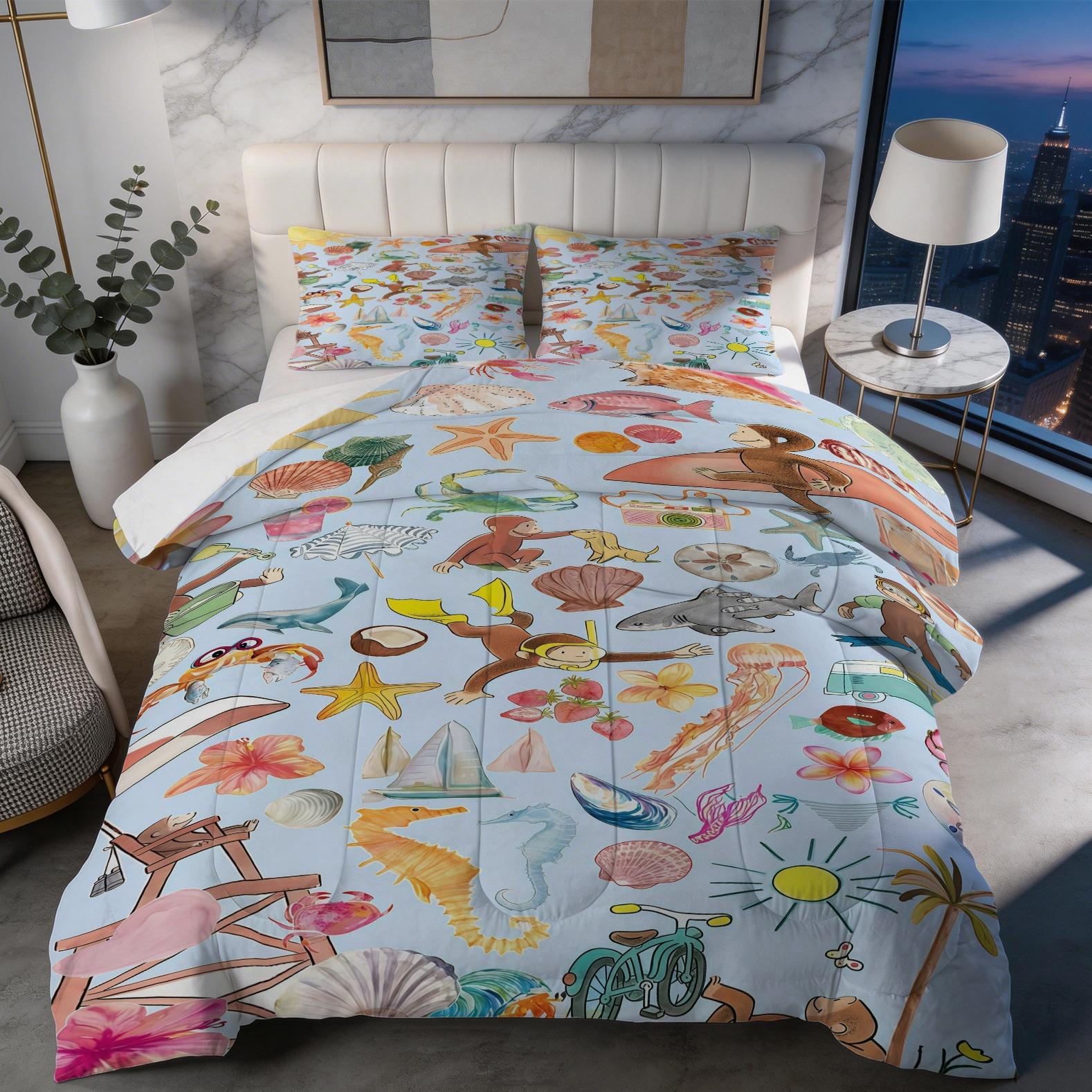 2/3 Piece Curious George Comforter Set, 1 Comforter + 1/2 Pillowcases, Cute Cartoon Monkey Cheerleader Diving Bedding, Kids Bedroom Decor for Girls Boys Teens, Ideal Gift for Curious George Fans