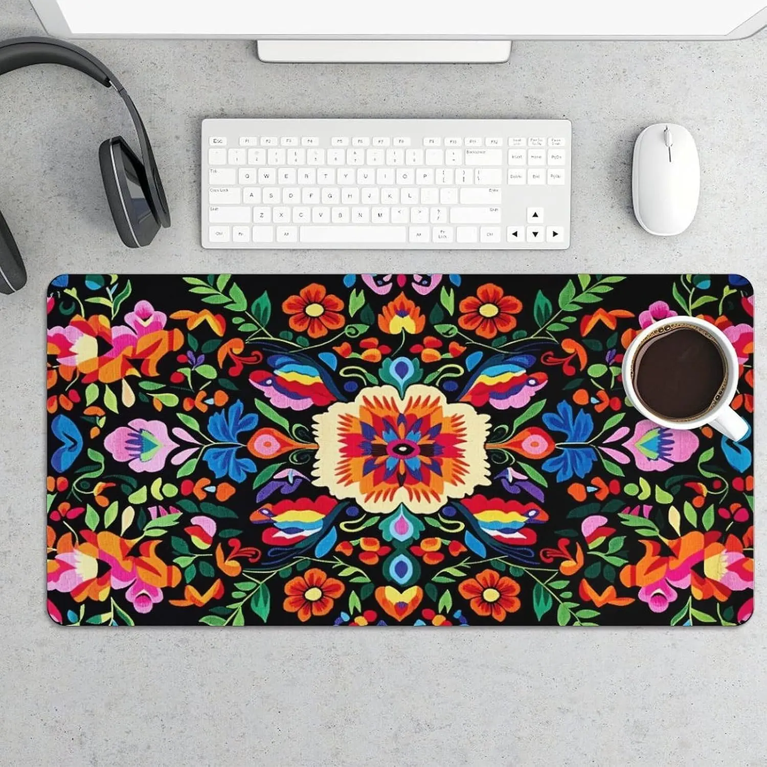 Mexican Floral & Butterfly Extended Mouse Pad, 12x24 in Large Desk Mat with Non-Slip Rubber Base, Waterproof for Office Gamers