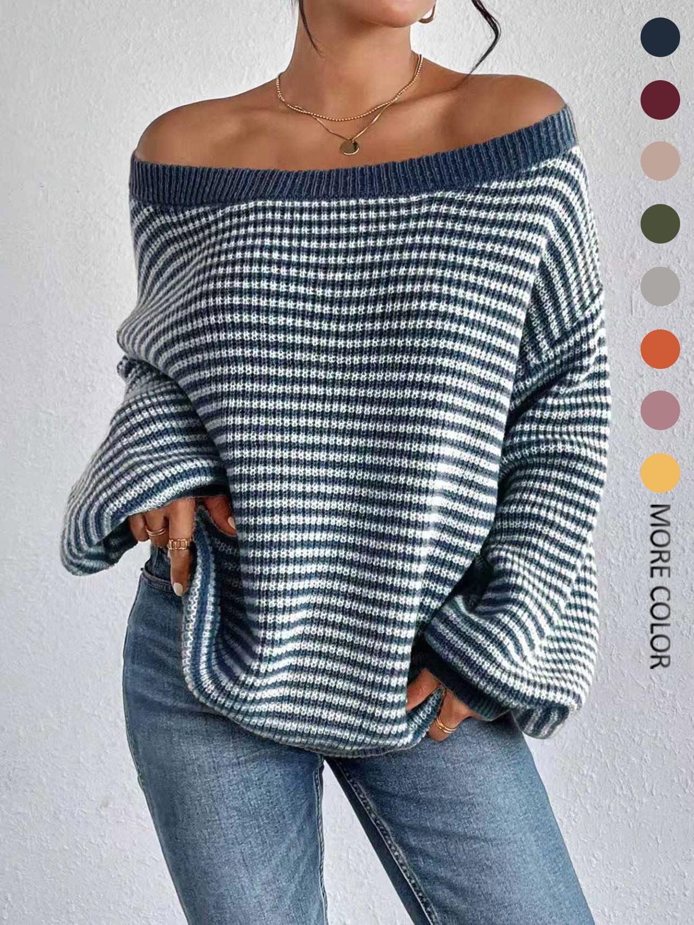 Women's Striped Drop-Shoulder Sweater, Casual Bishop Sleeve Boat Neck Jumper for Daily Outdoor Wear, Ladies Knitwear for All Seasons, Womenswear, Tops