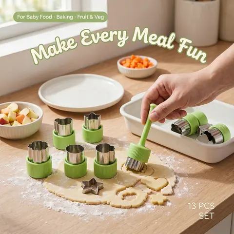 Fruit & Vegetable Cutter, 12pcs/set Stainless Steel Cookie Cutter with 1 Count Demoulding Rod, Household Kitchen Mold Set, Kitchen Baking Tool for Home Use, Baking Supplies, Cookie Molds, Baking Accessories
