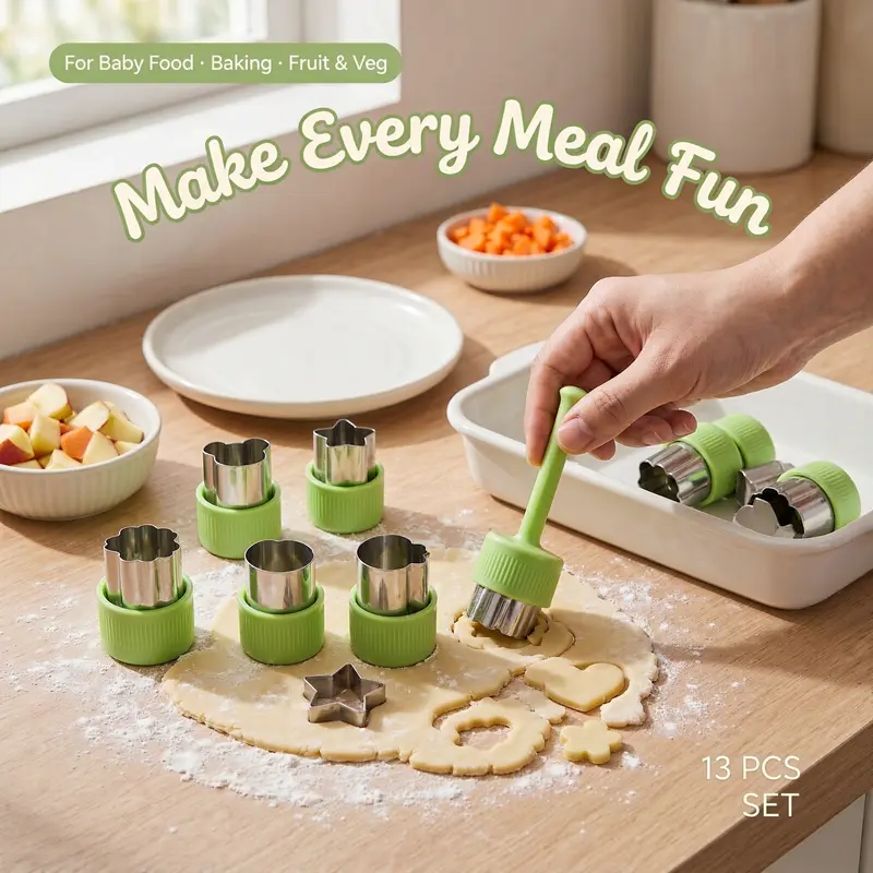 Fruit & Vegetable Cutter, 12pcs/set Stainless Steel Cookie Cutter with 1 Count Demoulding Rod, Household Kitchen Mold Set, Kitchen Baking Tool for Home Use, Baking Supplies, Cookie Molds, Baking Accessories