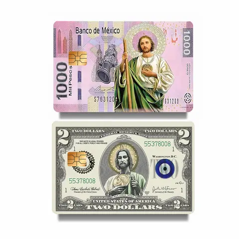 High Quality Waterproof Vinyl Saint Judas Card Sticker Covers - 4V Unique Statement Piece Accessory, Vintage Retro $2 Banknote Design, Precisely Cut Chip Cutout, Bubble-Free Clean Finish, DIY Scrapbooking Supplies, Fits Most Standard Debit/Credit Cards