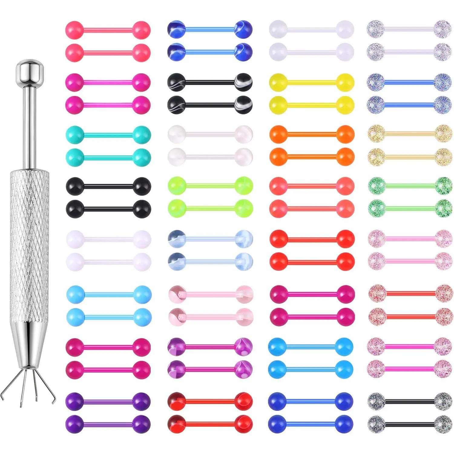 64Pcs 14G Glow in Dark Flexible Acrylic Piercing Jewelry for Women| Straight Tongue Barbell Nipple Ring Retainer Piercing Jewelry 14mm Bar