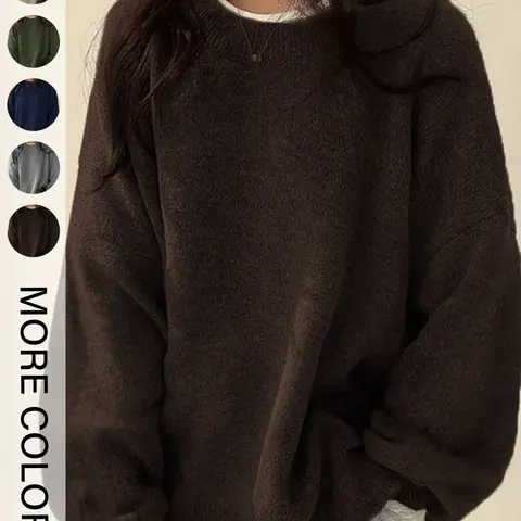 【Biack Friday】Women's Drop Shoulder Split Hem Loose Fit Baggy Sweater, Casual Basic Minimalist Long Sleeve Round Neck Jumper, Women's Knitwear Top for Fall & Winter, Sweaters for Women Womenswear, Knitwear Pullover