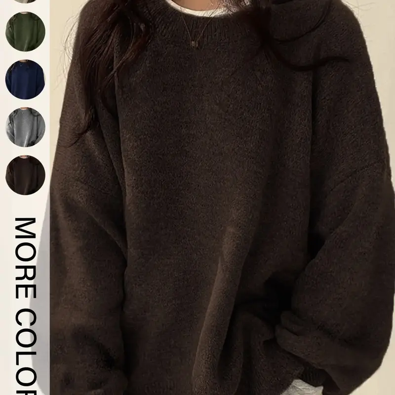 【Biack Friday】Women's Drop Shoulder Split Hem Loose Fit Baggy Sweater, Casual Basic Minimalist Long Sleeve Round Neck Jumper, Women's Knitwear Top for Fall & Winter, Sweaters for Women Womenswear, Knitwear Pullover