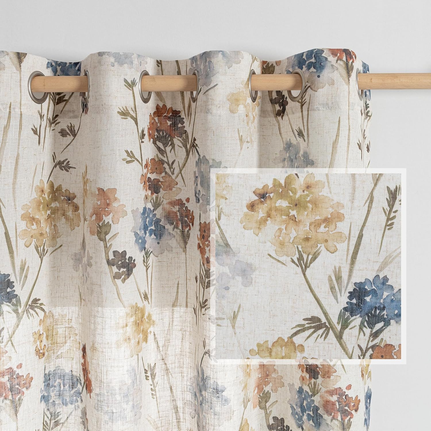 Floor to Ceiling Linen Floral Curtains 95 Inch Length 2 Panels Set Semi Sheer Light Filtering Farmhouse Flower Print Patterned Window Grommet Curtains for Living/Dining Room, Yellow, 2 Pcs