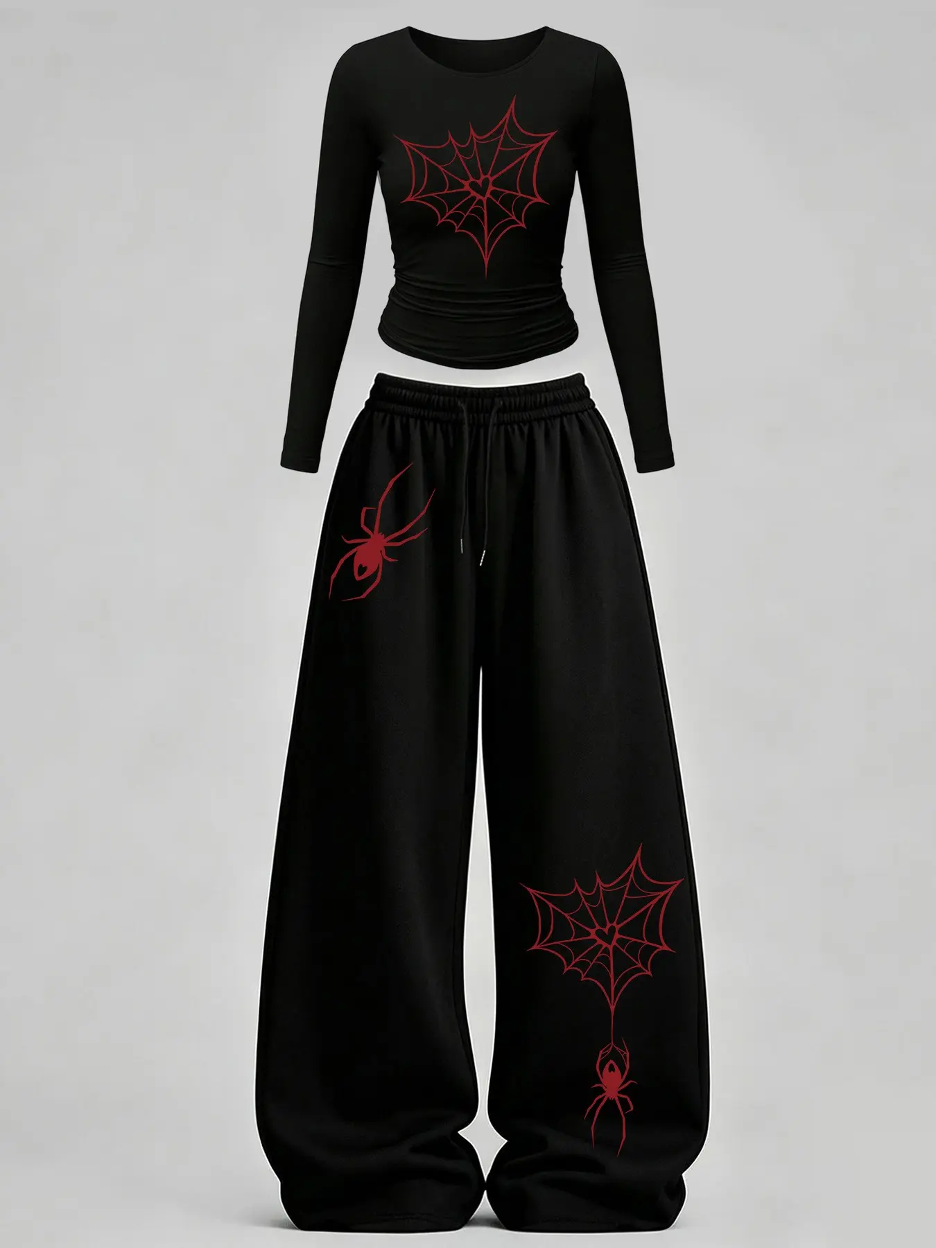Women's Slim Fit Round Neck Long Sleeve Top + Casual Straight Leg Sports Pants Set, Spider Print, High Waist, All Seasons, Sports Clothing Set