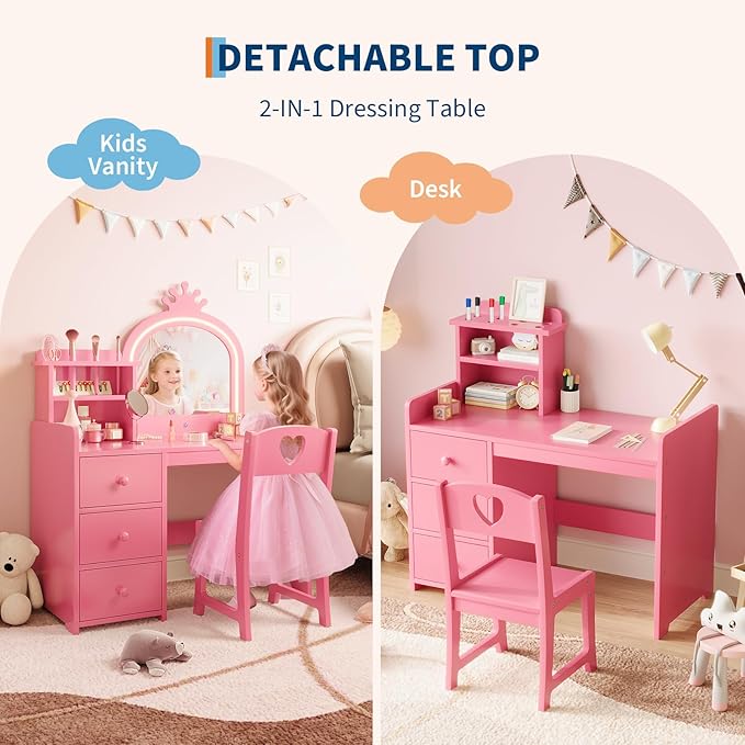 Vanity Desk with Mirror , White Princess Wooden Makeup Vanity with Chair, Storage Shelves and Drawers, 2-in-1 Girls Dressing Table