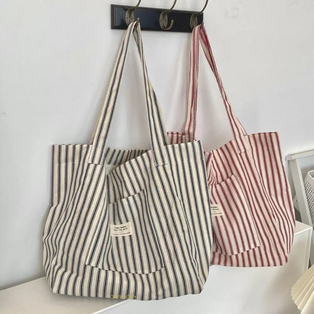 Women's Classic French Striped Canvas Tote  - Casual Burgundy Strips, Lightweight Portable Shoulder Handbag, Large-Space Everyday Commuter & Summer Holiday Travel  soda tab Fashionable Plaid Vintage Gold-Plated Lock Multi-Pocket Bag crossbody women