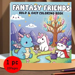 Fantasy Friends Bold & Easy Coloring Book for Kids & Adults - 22 Cute Kawaii Magical Creature Coloring Pages, 120gsm Thick No Bleed Paper, Non-Toxic Odorless, Glue Binding, Perfect for Stress Relief