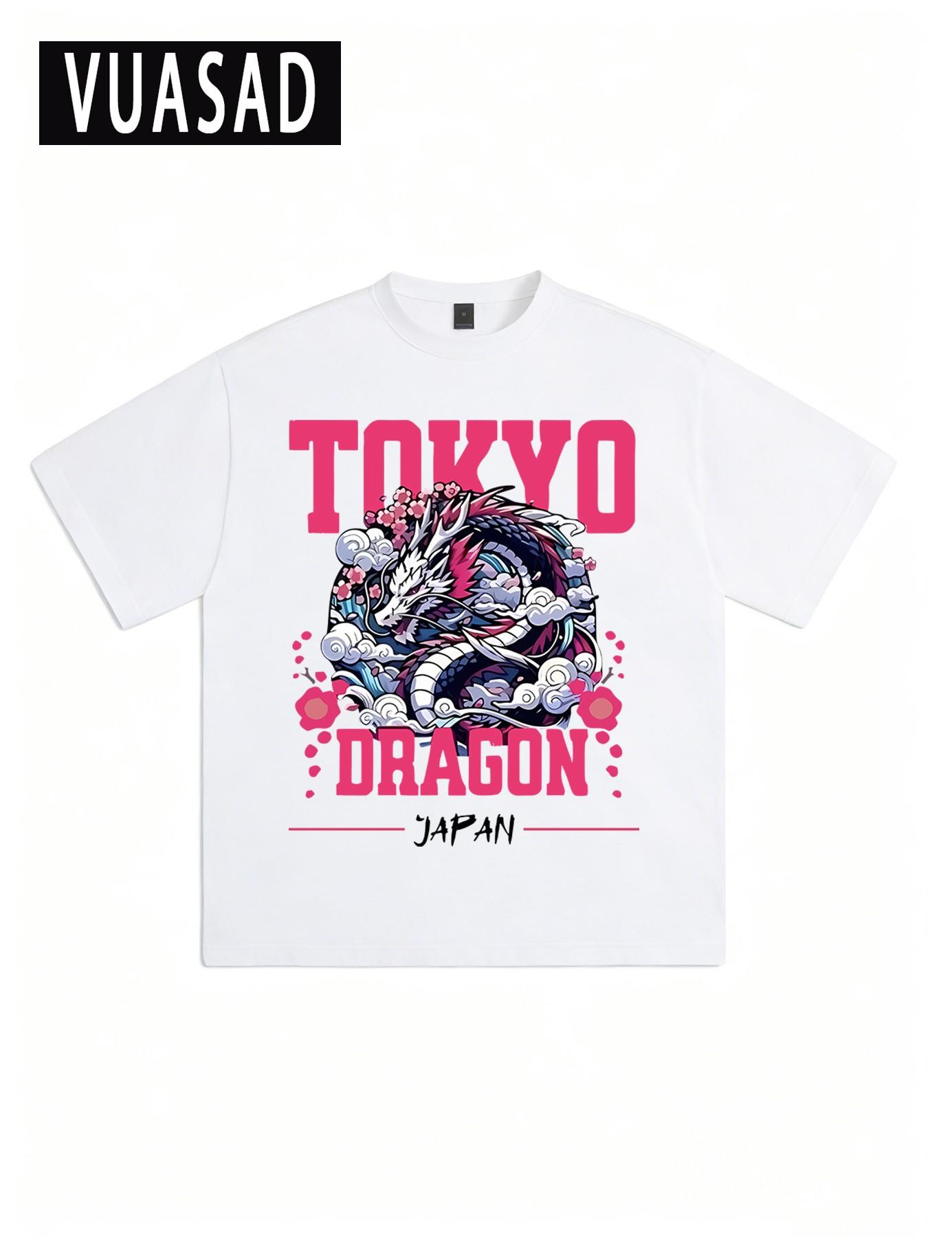 100% Cotton Short Sleeve T-Shirt, Japanese Style Tokyo Dragon Cherry Blossom Print, Loose Fit Drop Shoulder Top, Casual Fashion