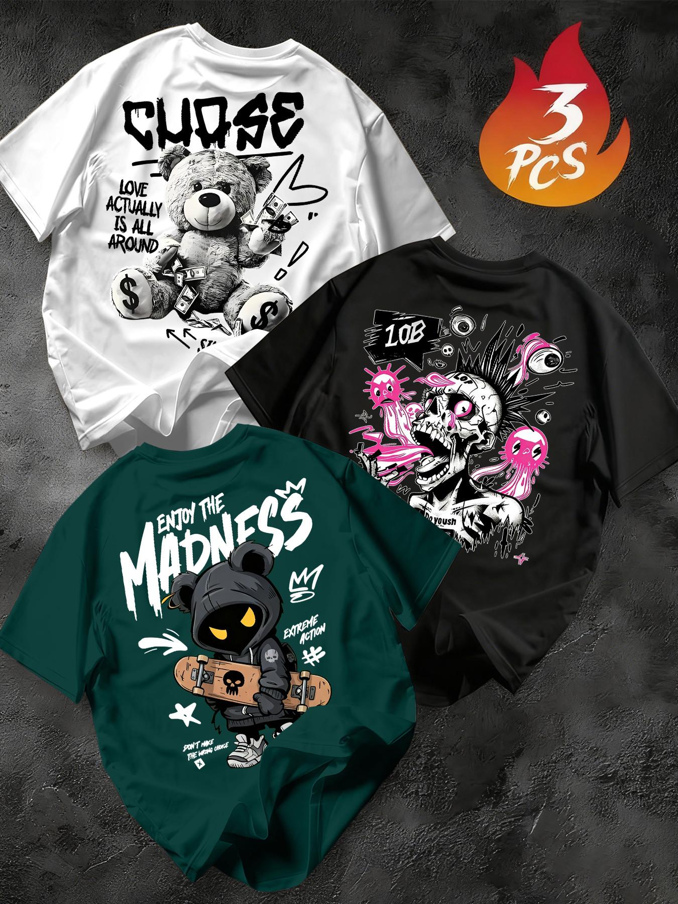 Men's 3-Pack Graffiti Round Neck Short Sleeve T-Shirts, Unique Cool Prints, Loose Fit, Casual Street Style, Streetwear, Daily Wear, Menswear