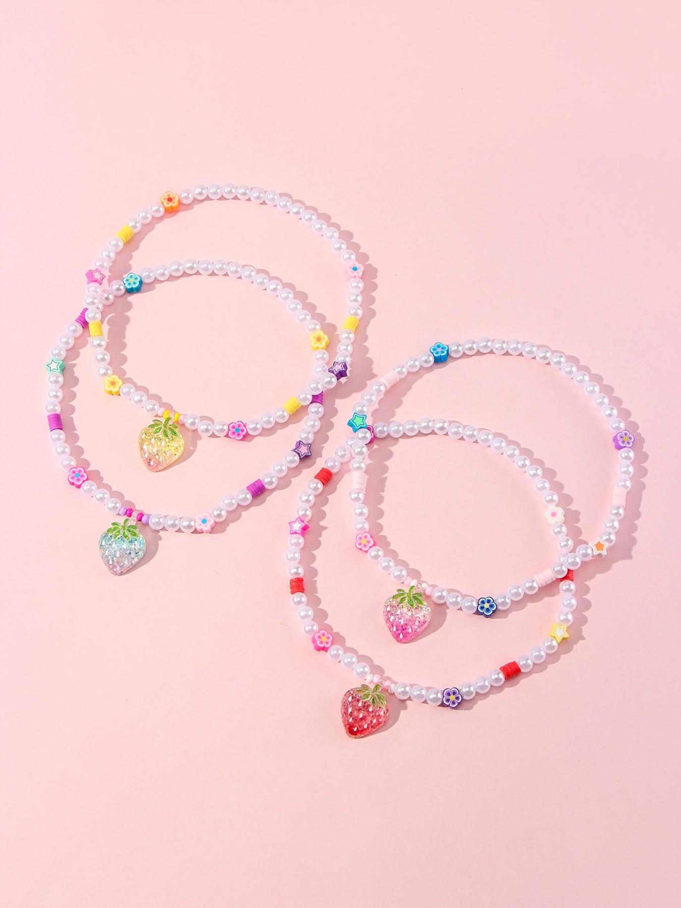 4pcs/set Acrylic Strawberry Pendant Bracelet Set, Cute Floral Design, Perfect for Girls' Birthday Parties, Casual Wear, All Seasons