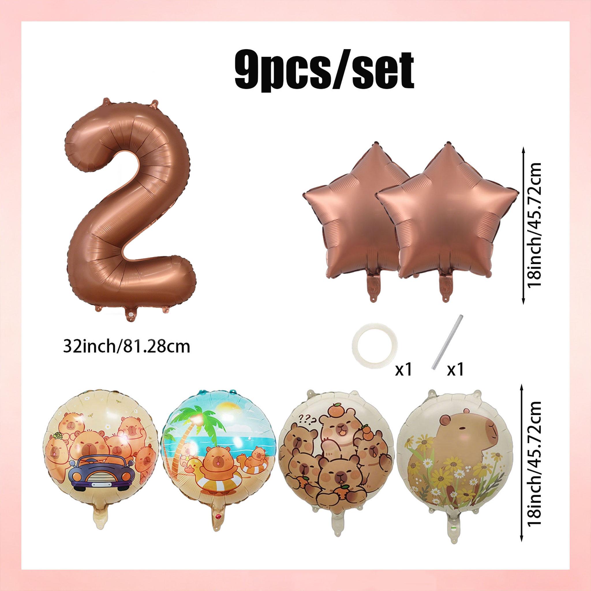 9-Piece Capybara Birthday Balloon Set, 32-Inch Chocolate Number, Shiny Star Aluminum Balloons, Party Decor, Kids Photo Props, Home Wall Decoration, Birthday Party Decorations