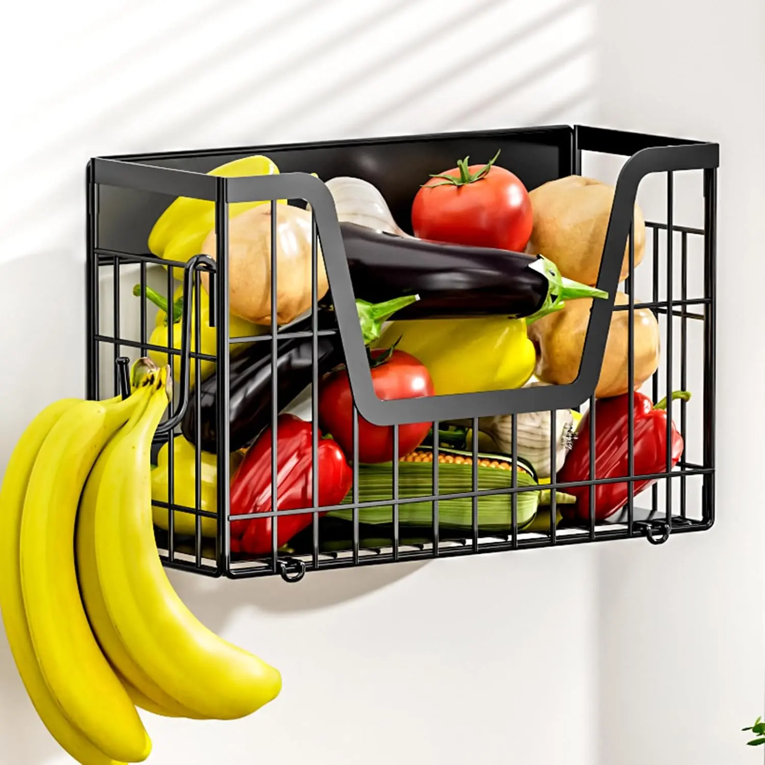 Shelf for Fridge, Fruit Basket  Shelves with 2 Hooks |  and Onion Storage Bins, Black  Organizer Side of Fridge Storage,   Rack for Refrigerator Kitchen