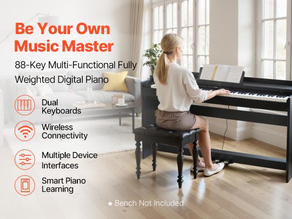 VEVOR Weighted Digital Piano, 88 Keys Fully Weighted, Electric Piano Keyboard with Furniture Stand, Power Adapter, Triple Pedal, 680 Tones, Support Wireless Connection, with Headphones, for Beginners