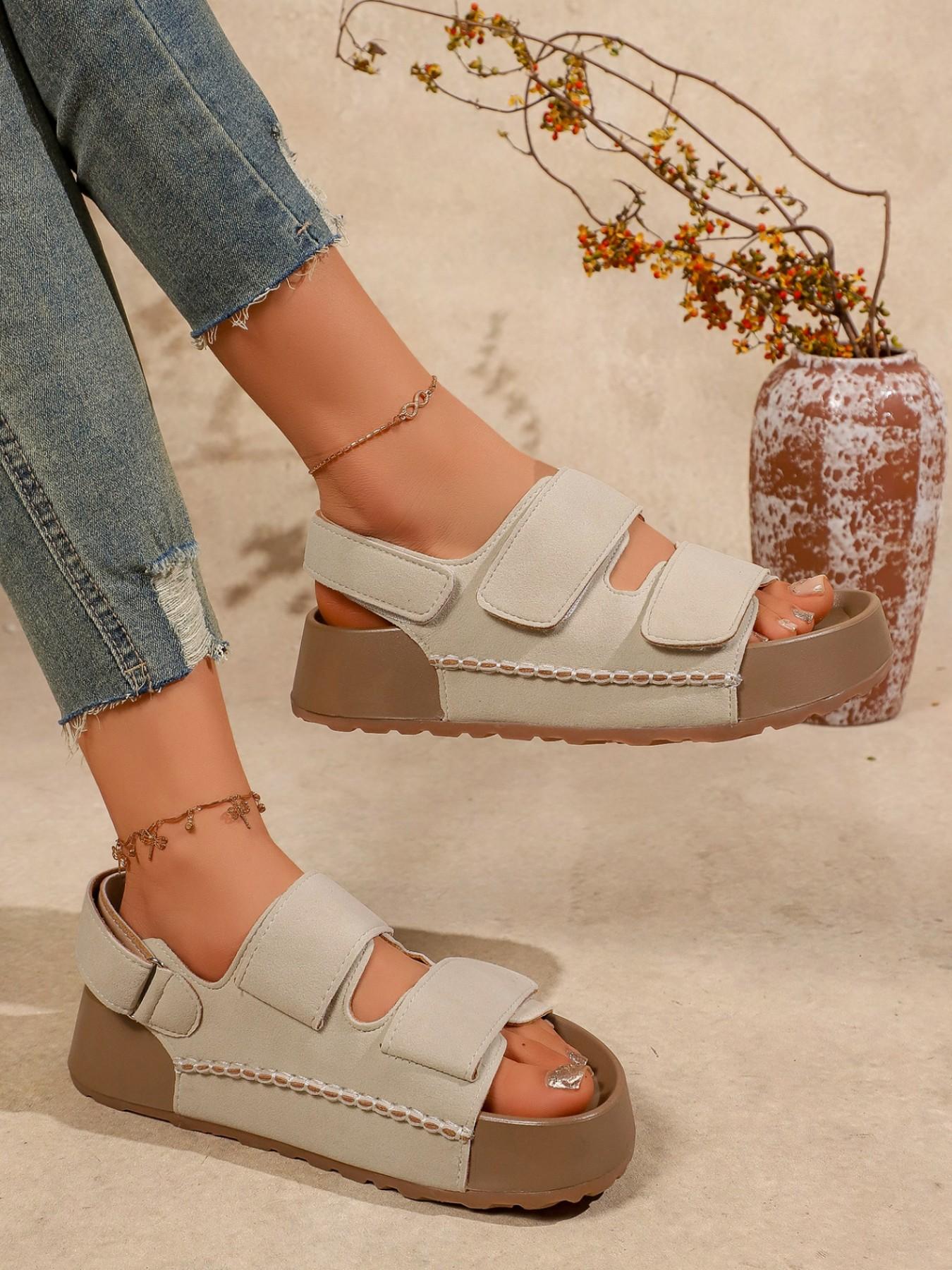 Summer Boken Thick Sole Sandals for Women, 2026 New Velcro Platform Shoes, Vintage Textured Heel, Casual Beach Footwear