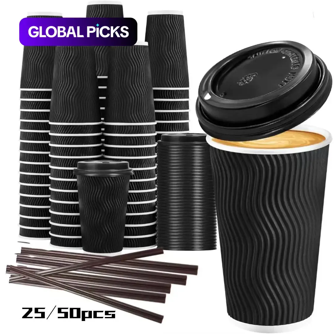 25/50 Pack 16oz Insulated Coffee Cups with Lid, Disposable Paper Coffee Cups for Espresso, Hot Chocolate, Cocoa, and Hot Tea, Paper Cups with Lids