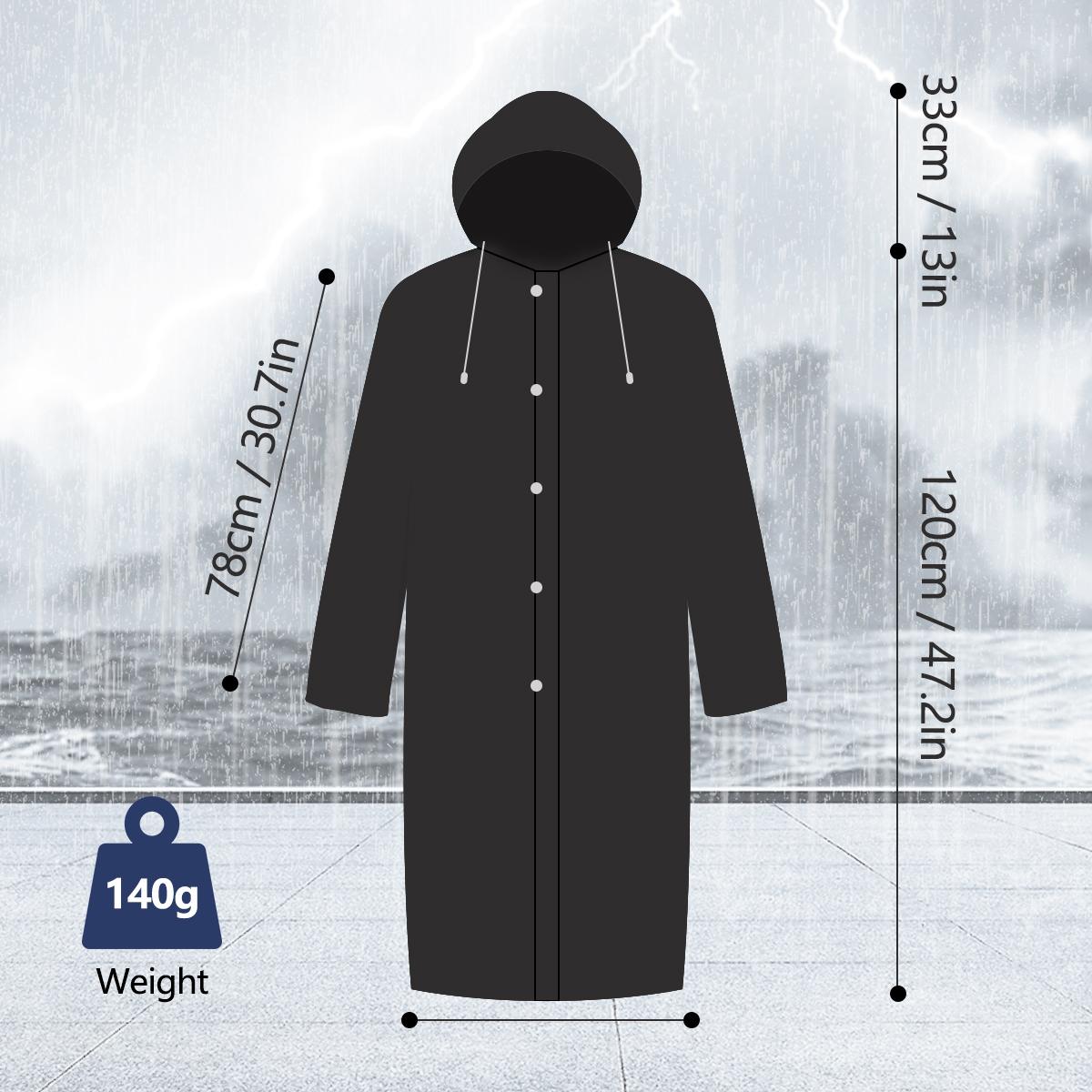 Adult Black Waterproof Shell Raincoat - Single-Pack, Adjustable Hat, Long-Length, Rainproof, Windproof Fabric Calms Breezy Hikes, Fold-Pack Light, All Seasons, Stay Dry for Camping Hiking Activities
