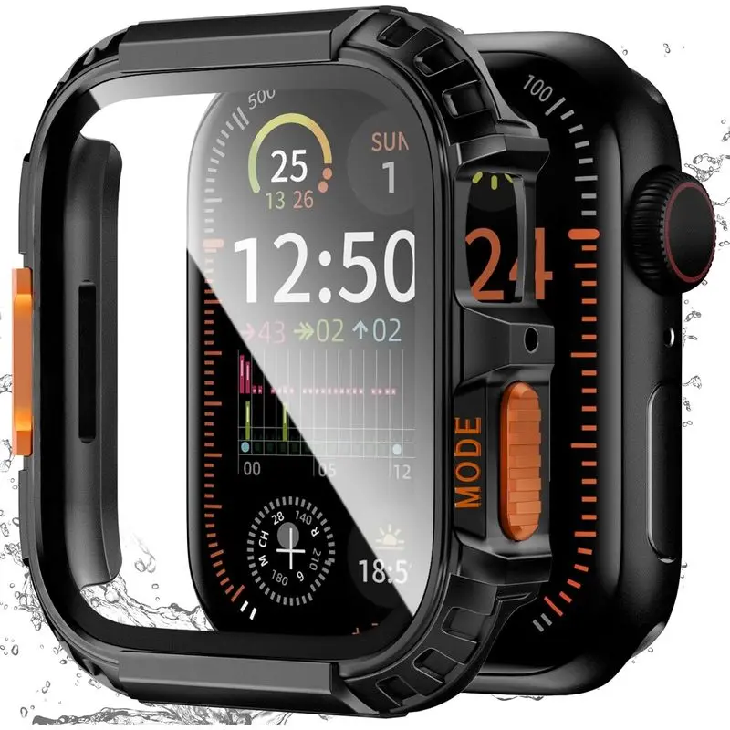 Rugged Waterproof Case for Apple Watch 46mm Series 11 10 with Tempered Glass Screen Protector, Durable Hard PC Bumper Protective Face Cover for iWatch 46 mm Black