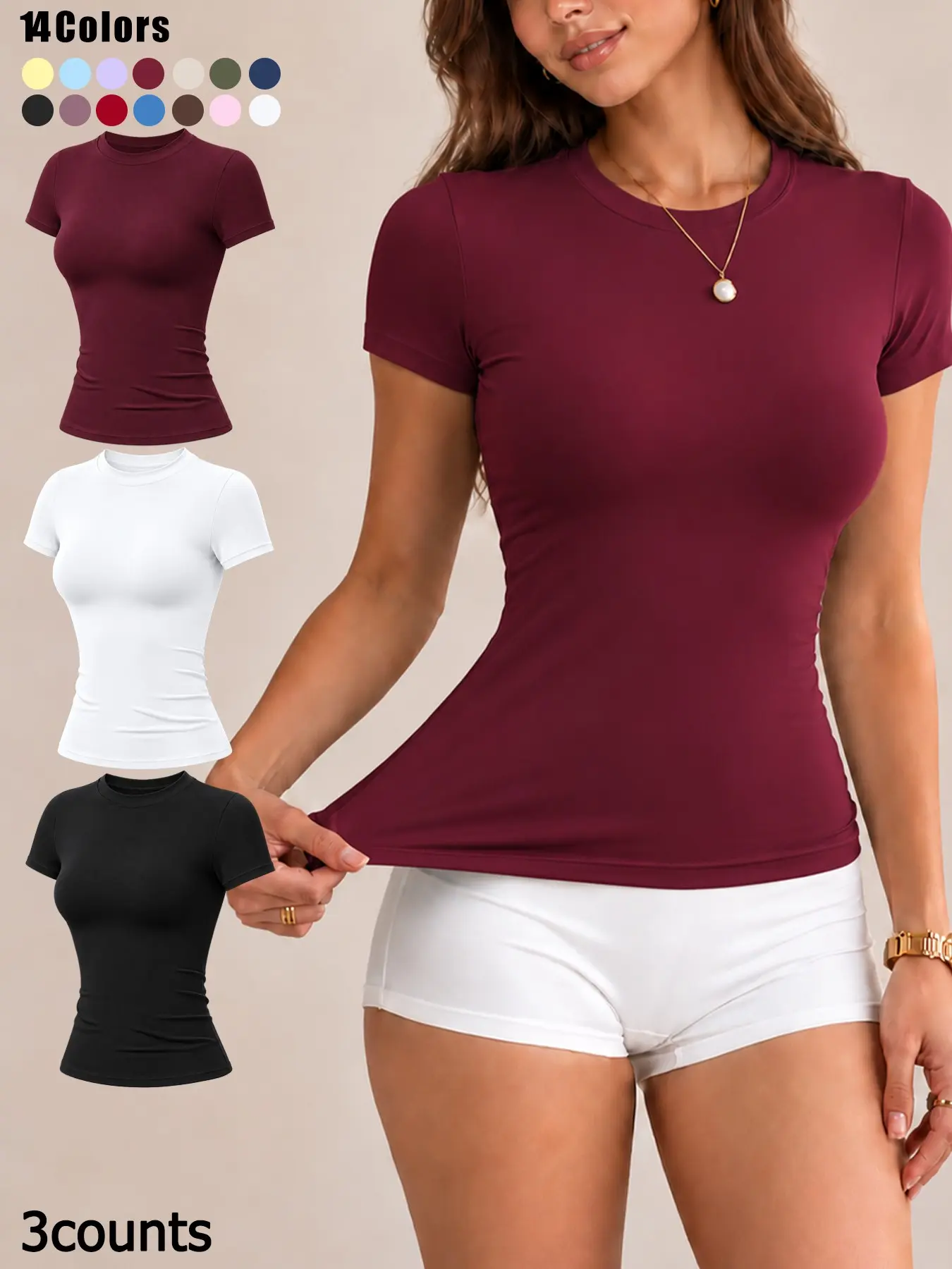 3 Counts Women's Plain Short Sleeve T-Shirt, Round Neck Slim Fit, Comfortable Soft Breathable Quick-Dry, All Seasons Sleepwear Top