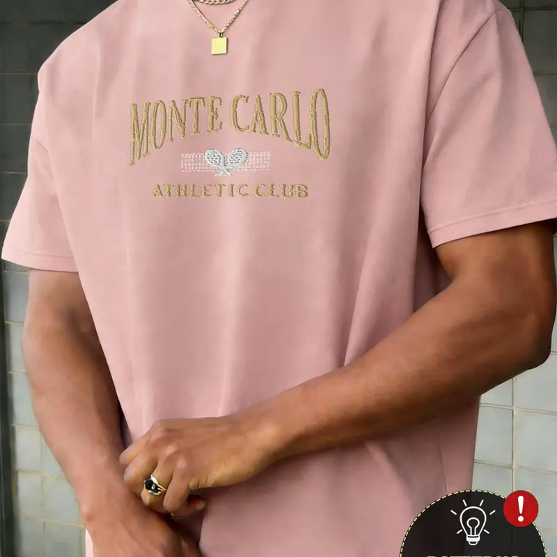 Men's Loose Round Neck T-Shirt with Retro Monte Carlo Tennis Club Print, Soft Breathable Casual Top for Street Style & Everyday Wear, Cool Graphic Tee