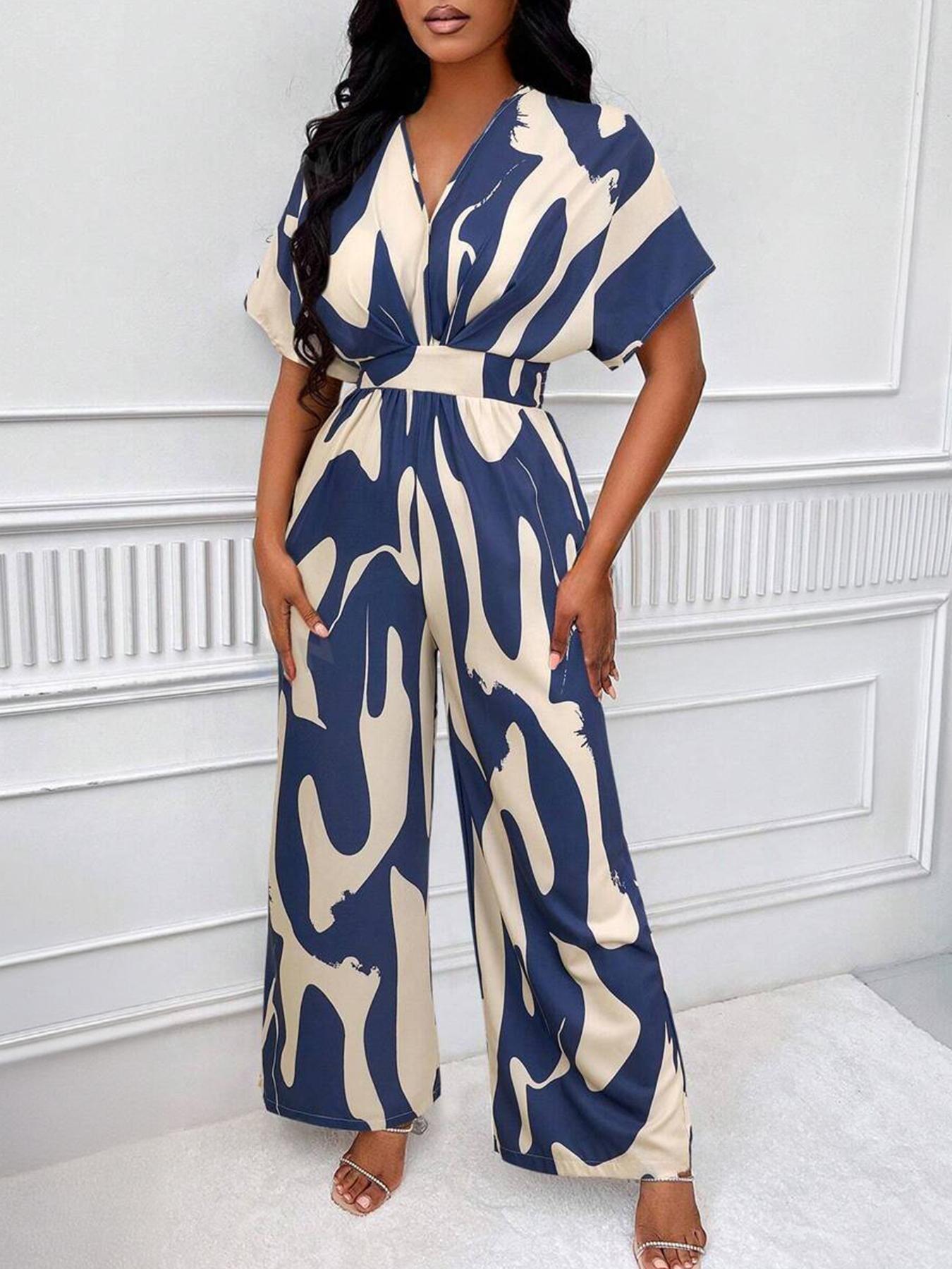 Women's Classy Casual Fashion All Over Print Shirred Wide Leg Flowy Jumpsuit, Sleek Soft Batwing Sleeve Jumpsuit for Spring & Summer, Lightweight Pill-Resistant Womenswear