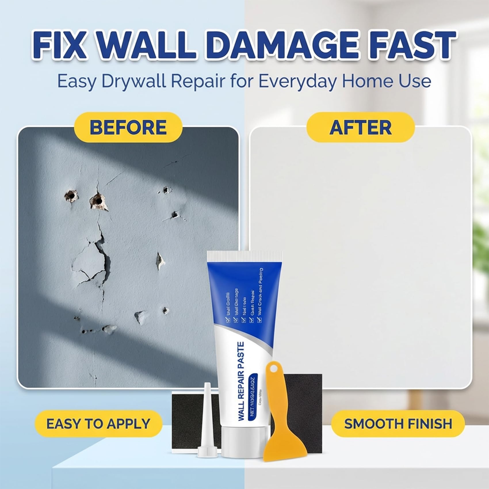 3Pcs Efficient Drywall Repair Kit with Scraper, 2026 Upgrade Quick Drying Wall Repair Paste for Cracks and Holes, Multi Functional Wall Mending Agent for DIY Home Fix
