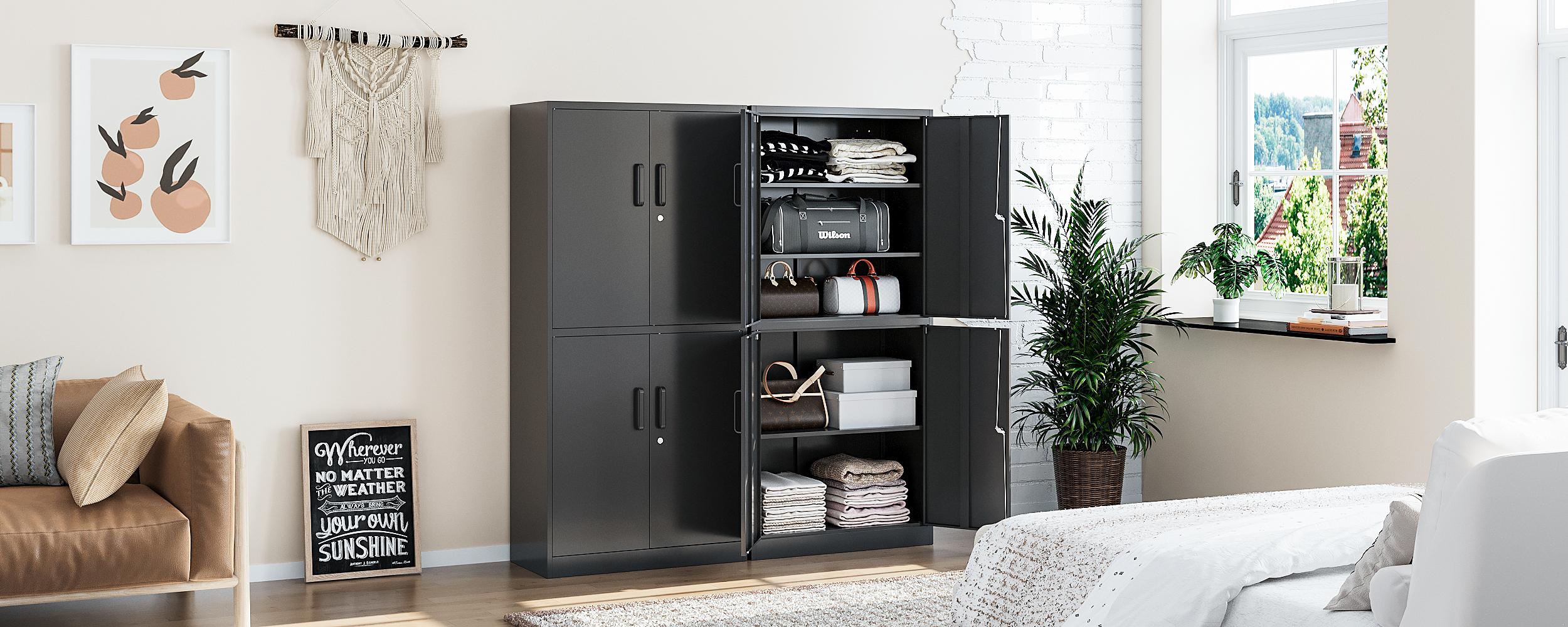 Metal Storage Cabinet with Lock, 71" Tall, 2 Adjustable Shelves, 4 Doors, Black Color, Ideal for Office, Garage, Home, and Pantry Use