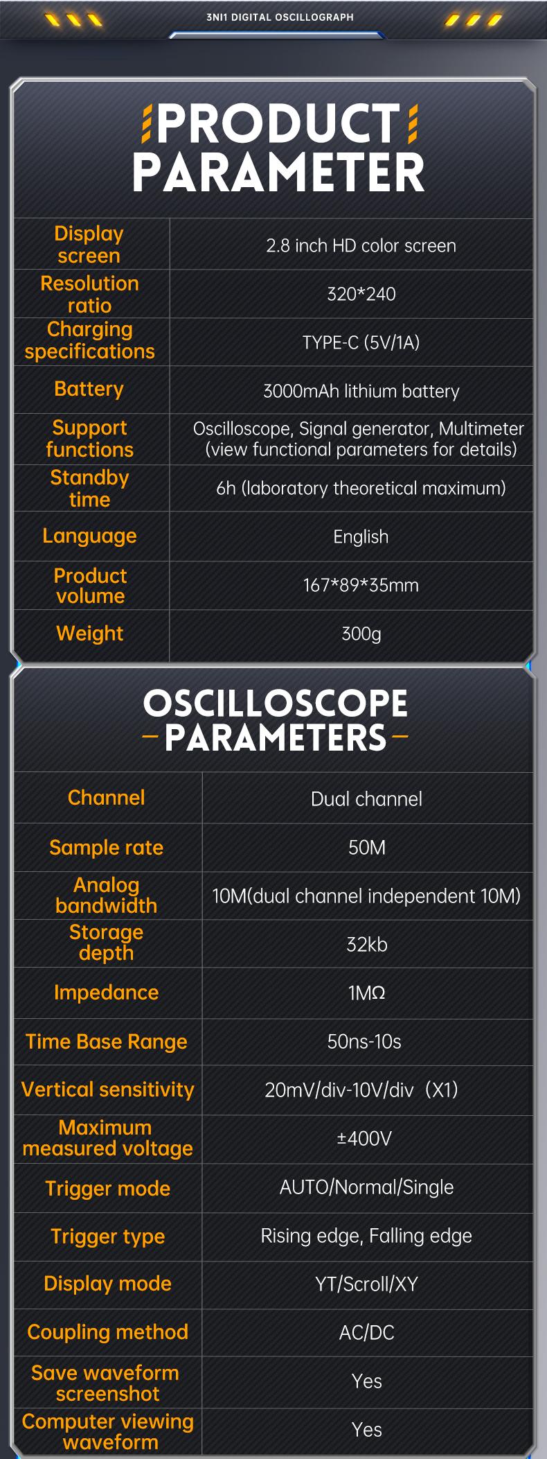 FNIRSI 2C23T 3 in 1 Handheld Oscilloscope Multimeter DDS Generator  2 Channels  10MHz Bandwidth  50MSa/s Sampling Rate  10000 Counts  Voltage  Current  Capacitor  Resistor  Diode Test