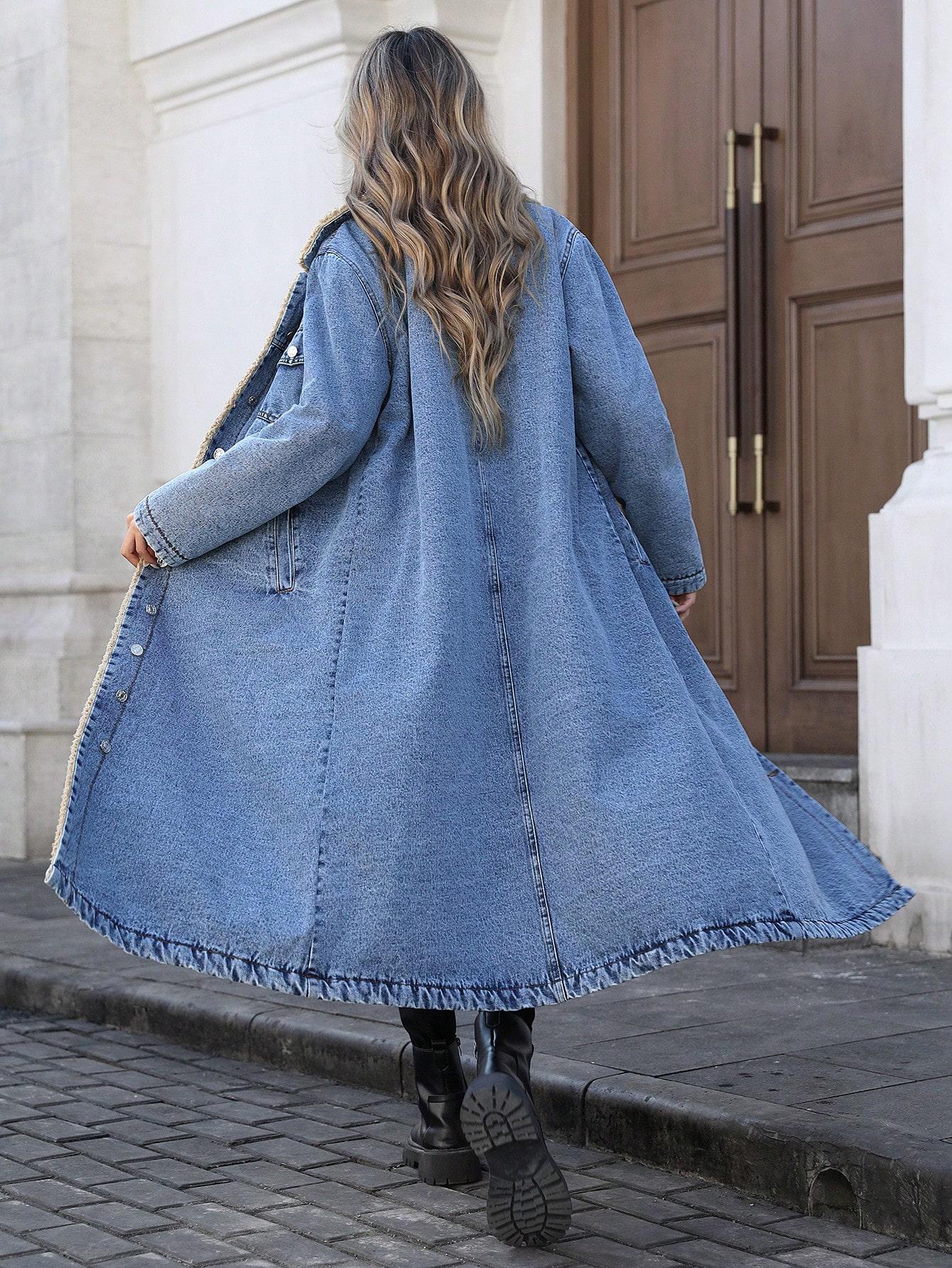 Women's Long Fleece-Lined Denim Jacket, Elegant Single-Breasted Design, Perfect For Winter, Casual