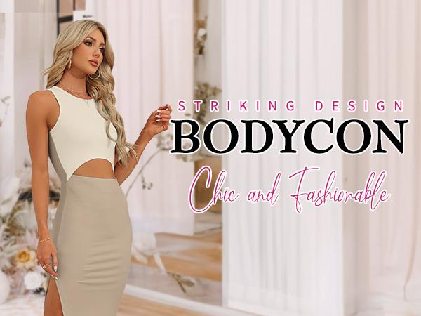 AUSELILY & MISFAY Date Night Dress Women's Ribbed Knit Bodycon Midi Dress Fall Casual Chic Crew Neck Cutout Casual Slit Dress