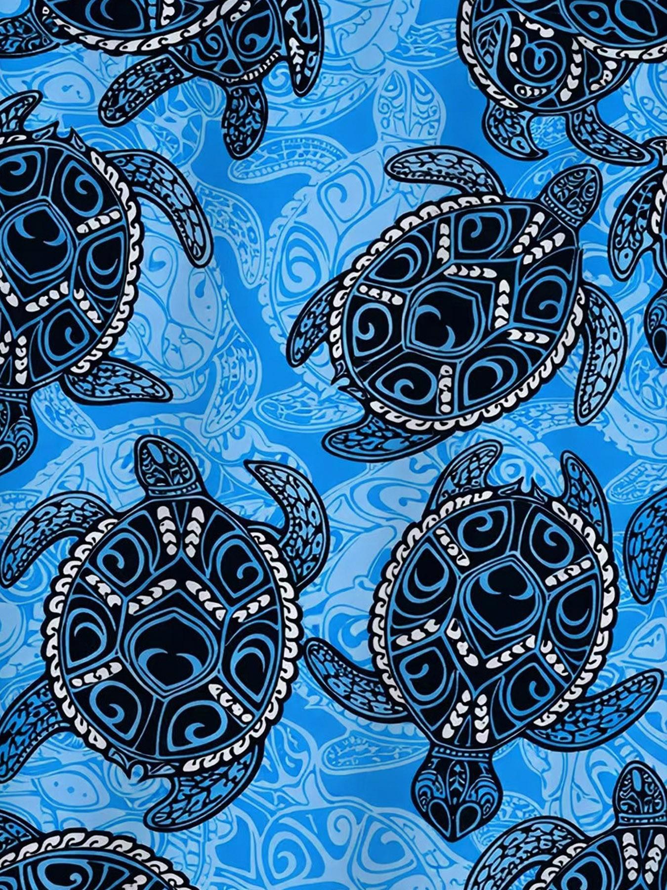 Men's Hawaiian Tropical Vacation Short Sleeve Collared Casual Shirt, Hawaiian Tropical Patterns, Blue Bottom Tribe Totem Turtle Print, Menswear