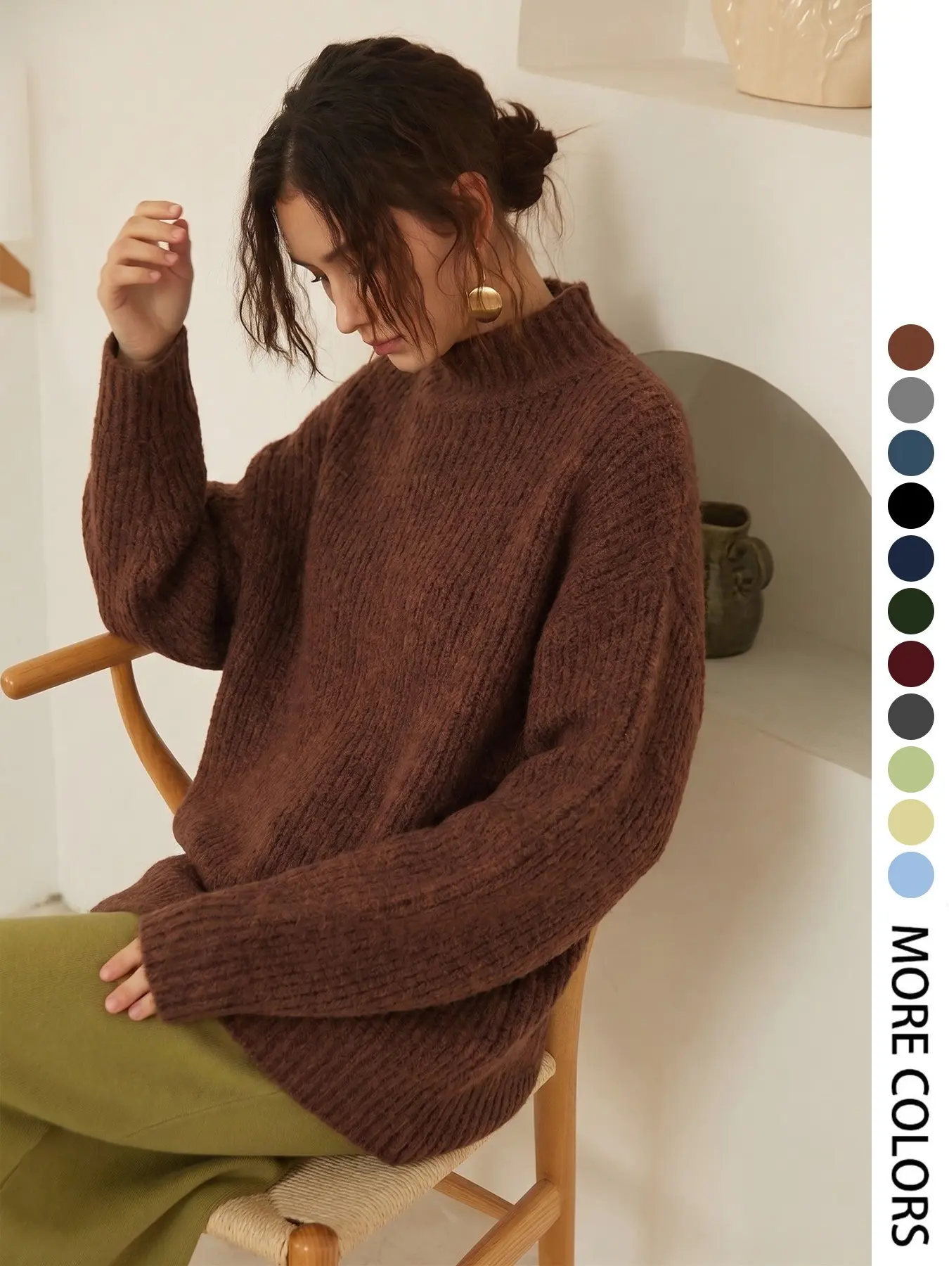 Elegant Women's Fall Winter Fashion Casual Home Wear Basic Thick Simple Baggy Loose Solid Color Knit High Neck Long Sleeve Pullover Top