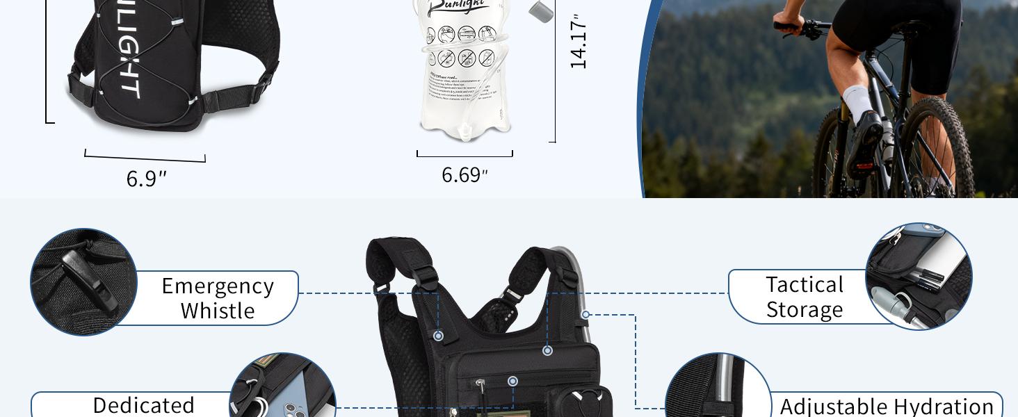 Lightweight Tactical Running Hydration Vest with Velcro Panel, 1.5L Leak-Proof Water Bladder, Adjustable Chest Pack for Unisex, Ideal for Trail Running, Hiking, Marathon and Outdoor Fitness