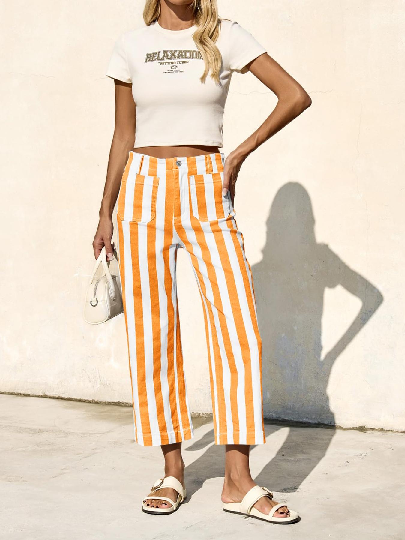 Aswulk Womens Cropped Striped Jeans Casual High Waisted Stretchy Straight Leg Denim Pants with Pockets