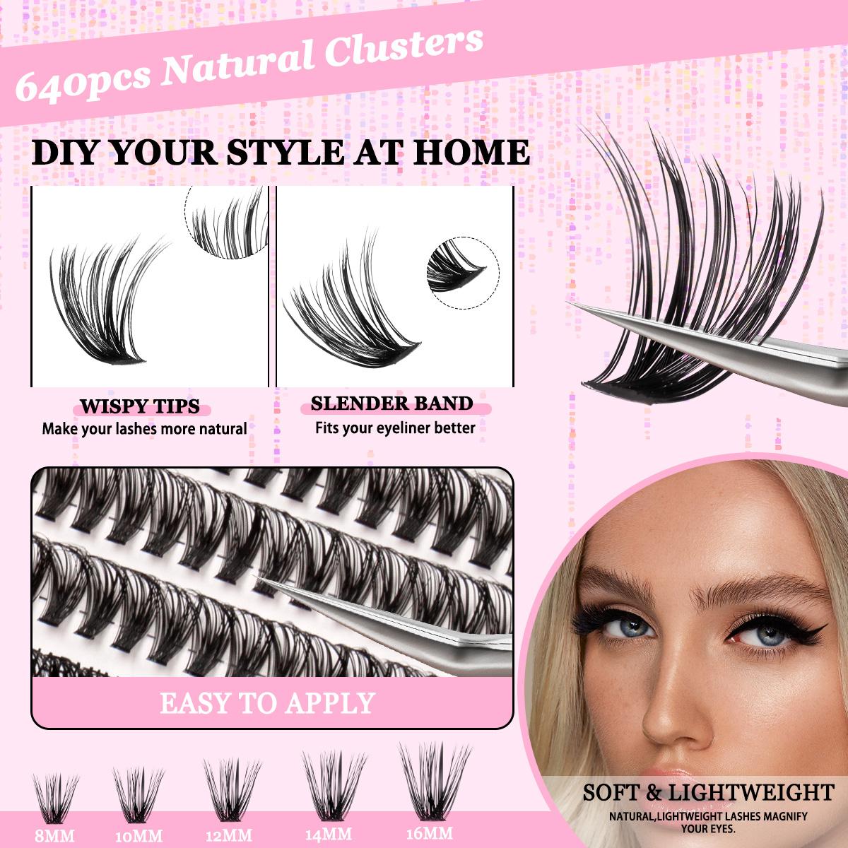DIY Eyelash Extension Kit, Cluster Eyelash Extensions, 640 Pieces Mixed Lengths 9-16mm, Includes Bond&Seal&Remove&Eyelash Tweezers, Single Row D Curl Lashes Set