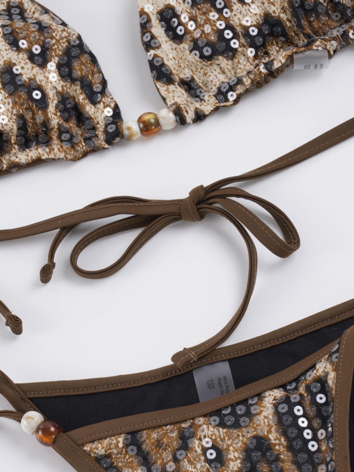 Women's Holiday Sexy Leopard Print Sequin Two-Piece Bikini Set, Backless Slim-Fitting with Micro Triangle Bra and Thong Bottom, Leopard Print Bikinis