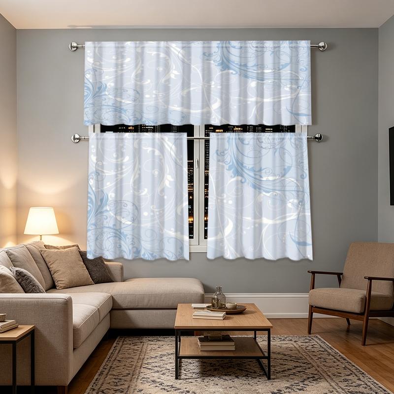 3pcs Blue Floral Pattern Elegant Curtains, Kitchen Living Room Decor Valance Set, Cafe Restaurant Home Drapes, Multi-Scene Use, Gift for Family Friends