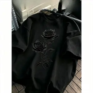 Unisex Black Rose Graphic Short-Sleeve Round T-Shirt - Soft Cotton Loose-Fit Vintage Streetwear Top, Skater Goth Daily Casual Sports Tee